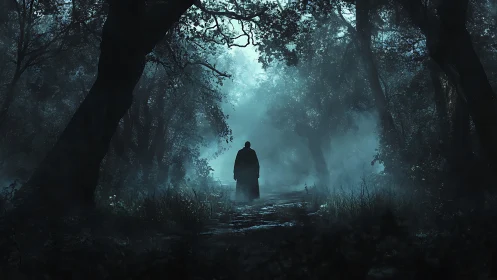 Solitary cloaked figure stands on misty forest pathway