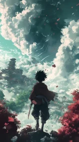 Lone swordsman surveys floating city under storm clouds.