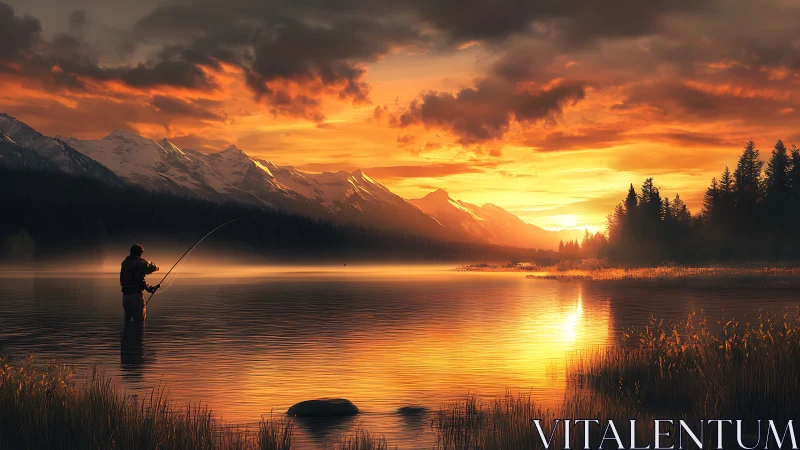 Solitary fly fisher in alpine lake at incandescent sunset glow