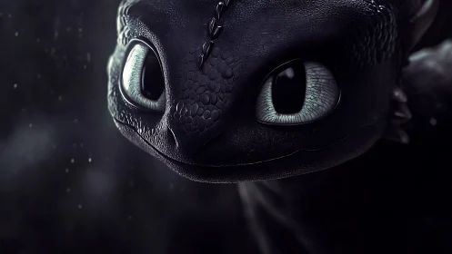 Gentle night dragon gazes forward with curious bright eyes