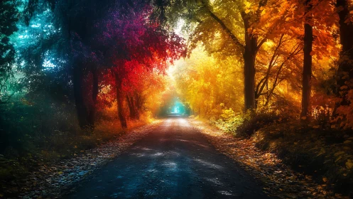 Straight forest road with multicolored illuminated foliage.