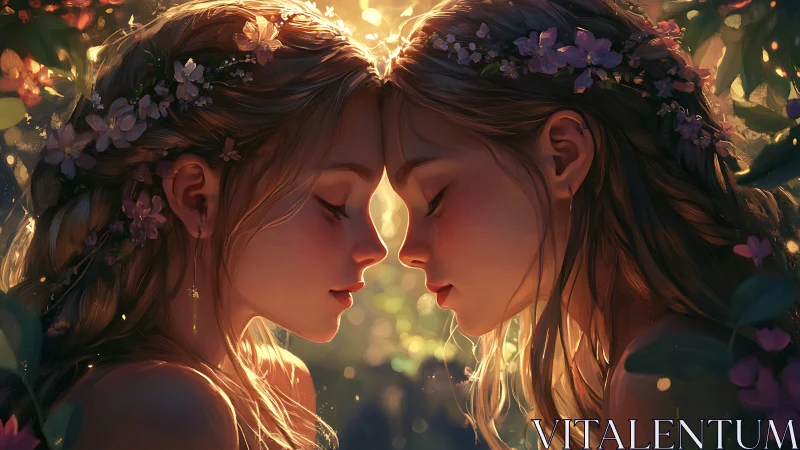 Digital painting of twin girls in floral backlit embrace.