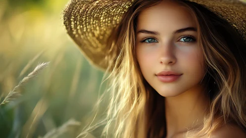 Golden hour portrait of young woman in straw sun hat.