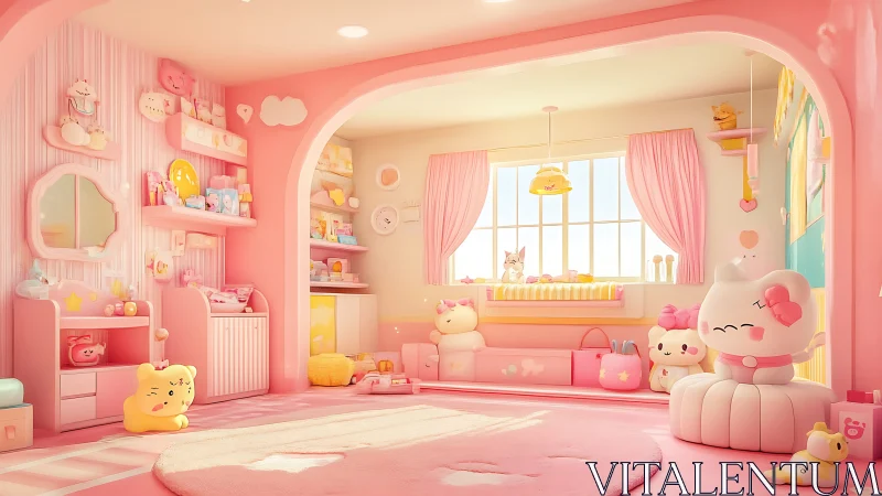 Pastel pink nursery interior with kawaii plush decor.