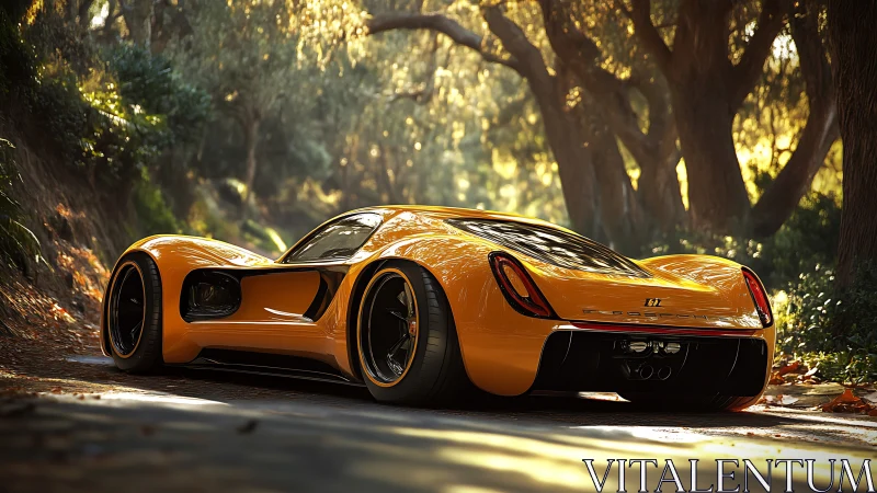 Sunlit orange supercar rests calmly on a leafy forest road