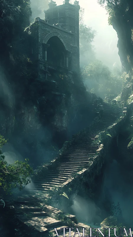Ancient mistbound stairway curls toward a forgotten gate
