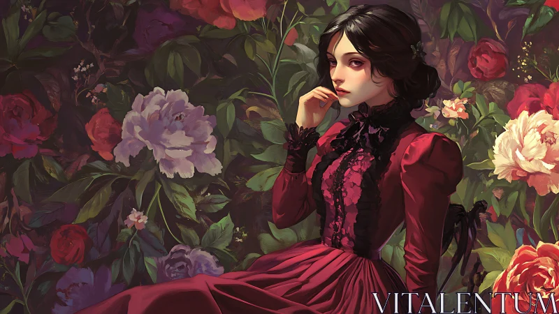 Victorian woman in crimson dress framed by lush florals.