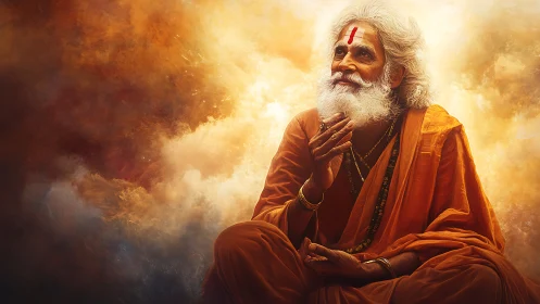 Radiant orange-clad sage in luminous atmospheric vortex.