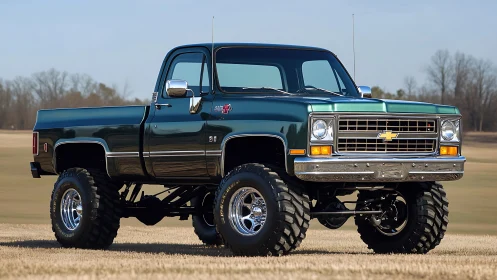 Lifted classic Chevy pickup truck with deep green paint
