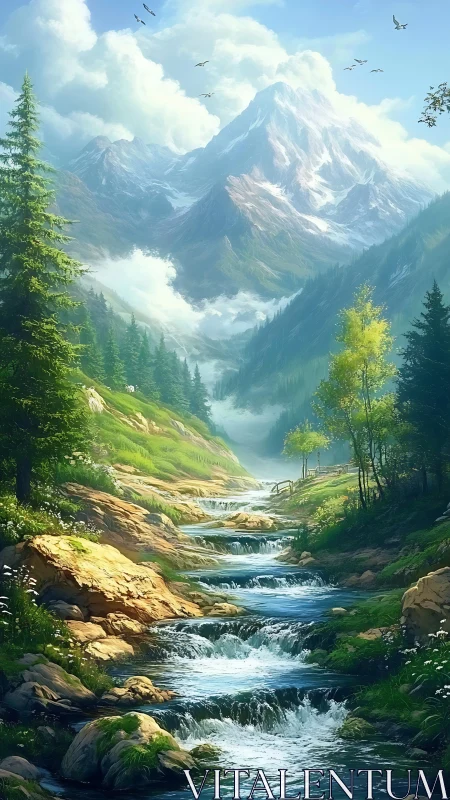 Luminescent alpine cascade beneath snow-covered mountain ridge