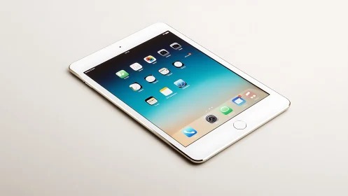 White iPad with iOS home screen displaying installed apps.