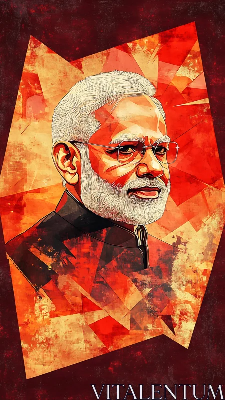 Stylized male portrait rendered over angular red geometry