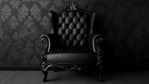 Baroque black leather armchair anchors a dark monochrome interior