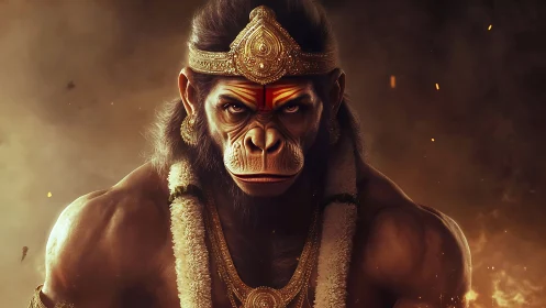 Mythic simian warrior rendered in cinematic digital chiaroscuro.
