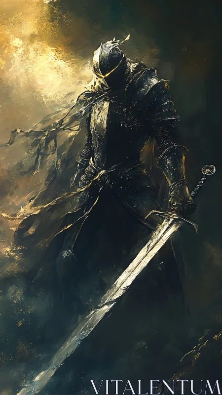 Armored figure holds large sword in diffuse atmospheric light