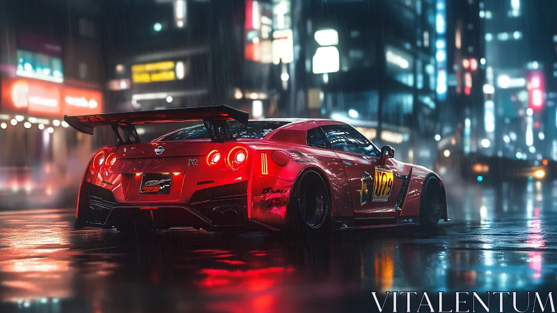 Modified sports car is parked on wet neon city street at night