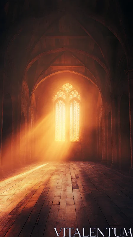 Sunlit Gothic nave with radiant stained glass glow.