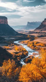Vertical landscape study with autumn river valley perspective.