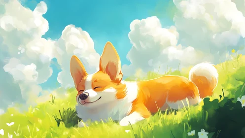 Orange and white corgi resting on grass under clouds.