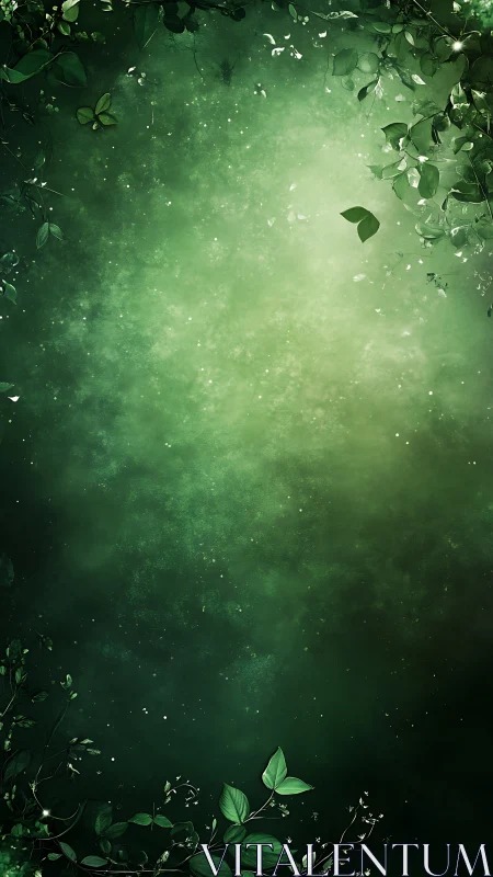 Soft green forest glow with drifting leaves and quiet light.