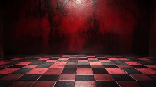 Crimson checkered chamber glows with eerie cinematic tension.