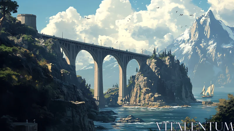 Stone arch bridge spans coastal cliffs under towering peak