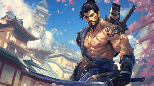 Samurai warrior under cherry blossoms in sunlit Edo street.