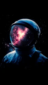 Astronaut helmet reflects vivid pink nebula in deep space