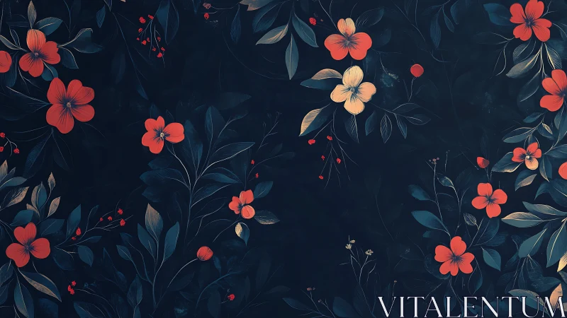 Red Flowers with Dark Teal Foliage in Digital Botanical Illustration