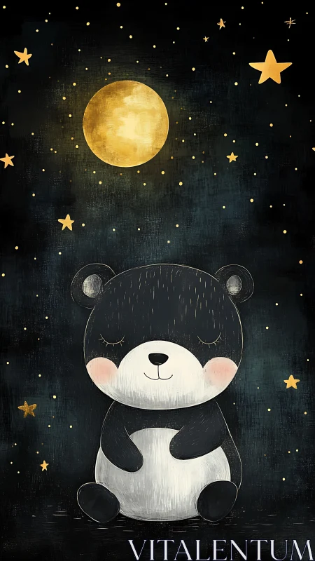Sleepy moonlit bear illustration under starry night sky