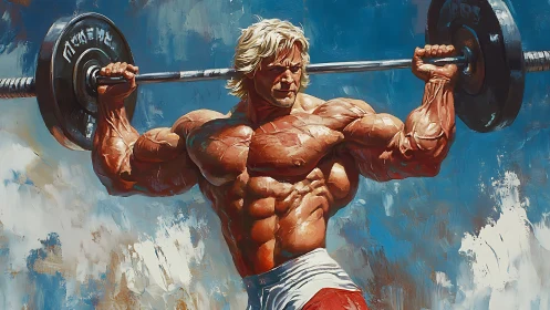 Muscular blonde weightlifter executing heavy barbell press.