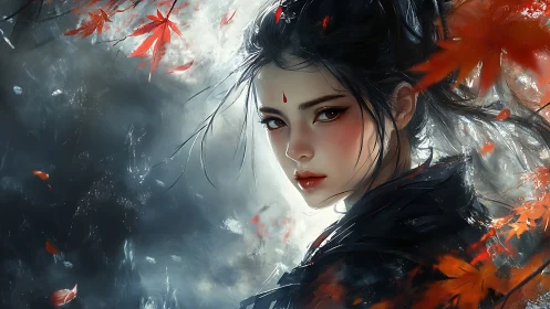 Woman in dark robe amid autumn leaves and misty backdrop.