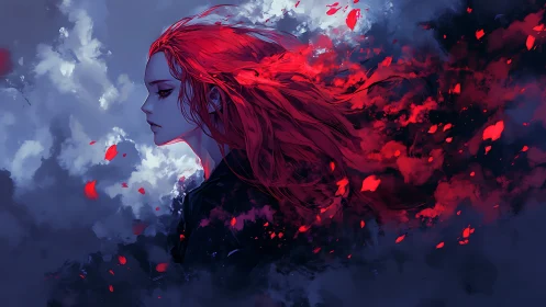 Red-haired figure dissolves into crimson petals and storm clouds.