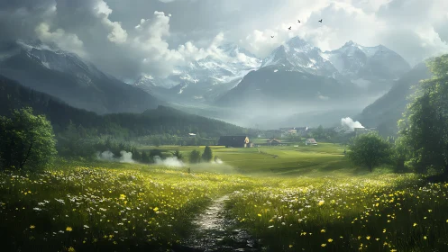 Sunlit alpine valley meadow with distant snow-covered peaks