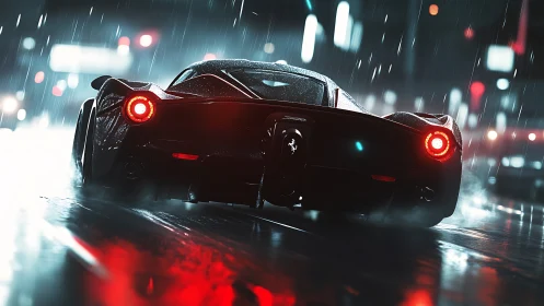Midnight hypercar hunts neon reflections in the rain.