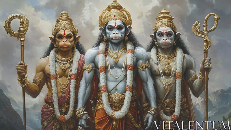 Triad of divine simian warriors in ornate golden regalia.