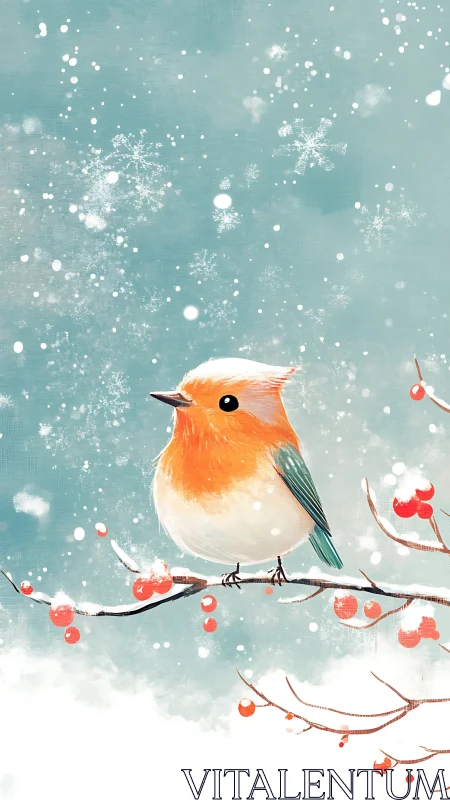Robin perched on berry branch amid turquoise snowfall and bokeh depth.