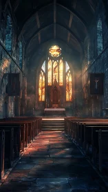 Sunlit gothic church interior glows with quiet reverence