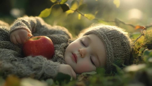Sleeping Child Holds a Shimmering Red Apple in Golden Sunlight