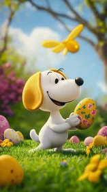 Joyful cartoon puppy celebrates a colorful Easter egg hunt.