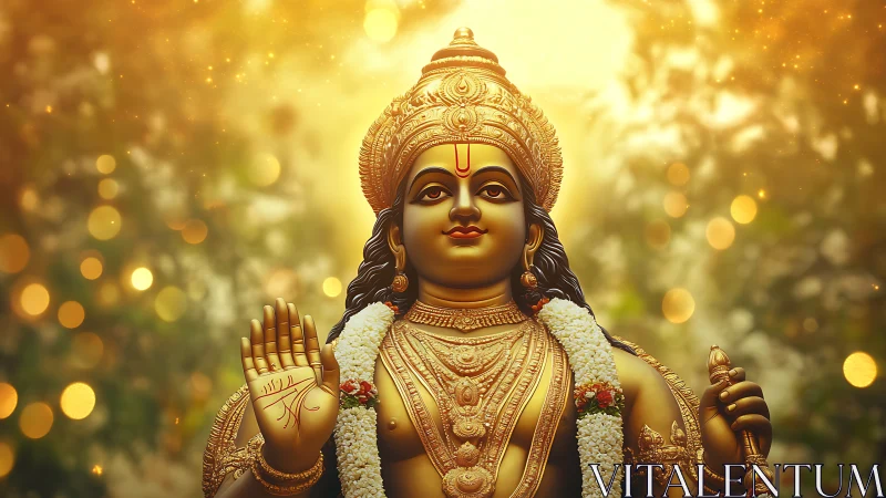 Golden deity statue offers calm blessing in soft glowing light