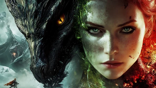 Dragonbound sorceress and ember-eyed wyrm in fierce duet.