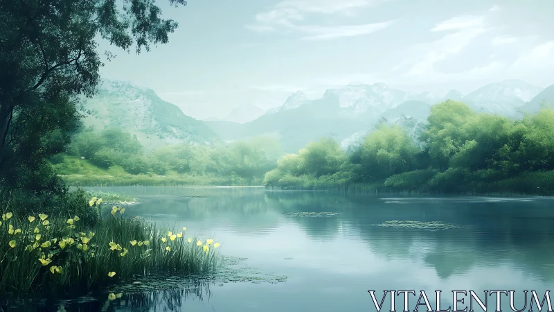 Mountain lake landscape with trees, lilies, and reflections.