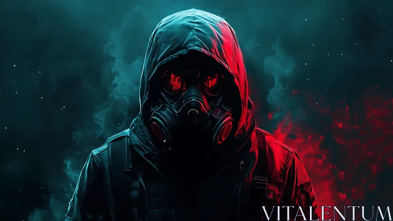Cyberpunk hooded operative in toxic neon bicolor haze.