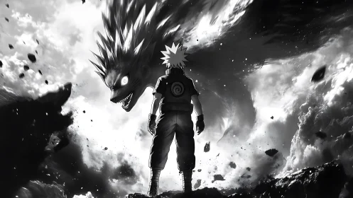 Monochrome anime confrontation with colossal spectral beast.