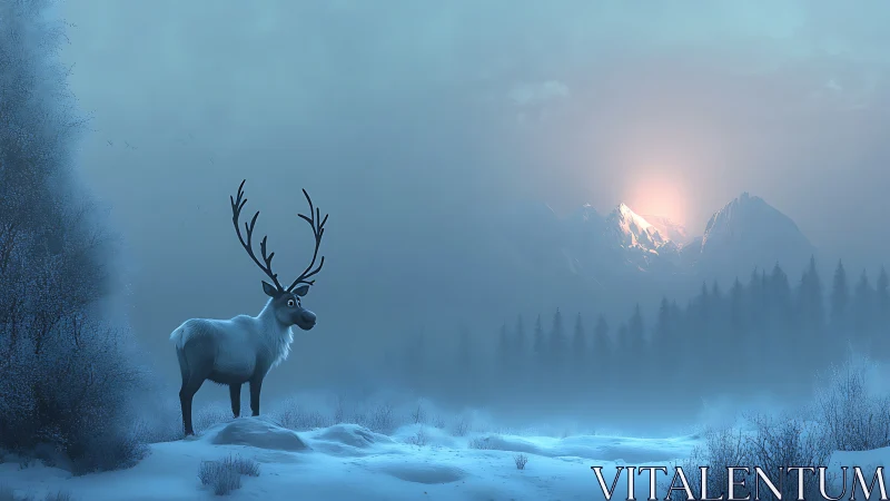 Cartoon reindeer observes frosted valley at polar sunrise.