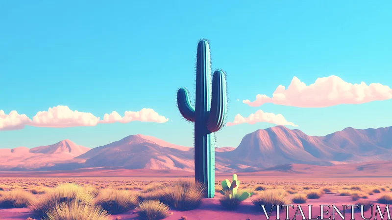 Sunlit stylized cactus in pastel-toned desert landscape.