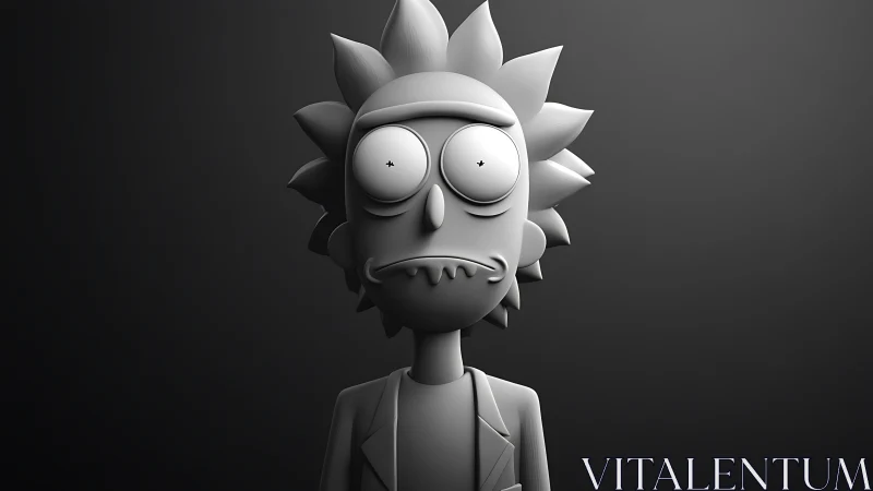 Monochrome spiky-haired toon bust in high-contrast 3D render.