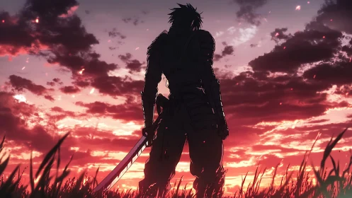 Silhouetted armored swordsman against volatile crimson sunset