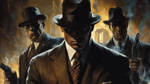 Triadic noir enforcers in chiaroscuro urban crossfire.